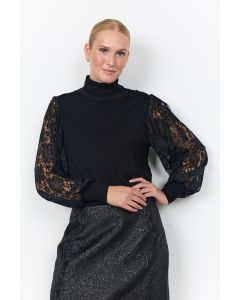 PULL COL ROULE NOIR, MANCHES DENTELLE