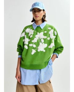 Sweatshirt en coton vert à broderie blanc cassé