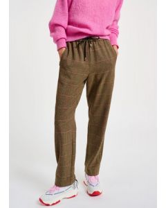 Pantalon brun à carreaux beiges et roses