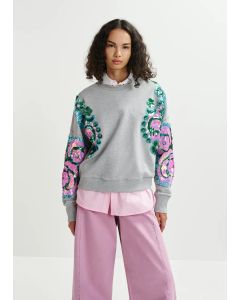 Sweatshirt en coton bio gris, rose et bleu à manches brodées