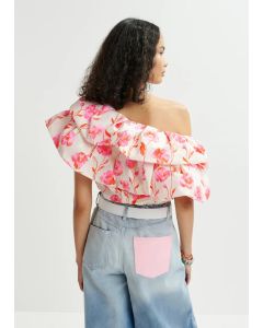 Body blanc cassé, rouge et rose avec col en V et volants