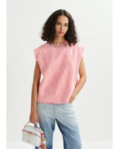 Haut sans manches rose, blanc et argenté avec encolure à paillettes