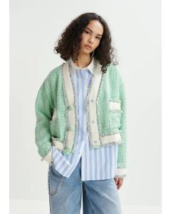 Gilet court en tweed vert menthe, blanc et gris