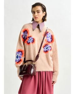 Pull en mohair mélangé beige et multicolore avec fleurs en jacquard