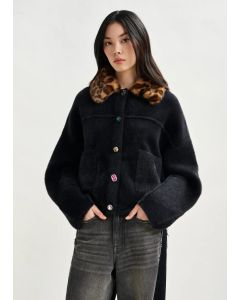 Cardigan noir avec col amovible en fausse fourrure léopard 