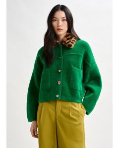 Cardigan vert avec col amovible en fausse fourrure léopard