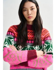 Pull en tricot jacquard mêlé bordeaux et multicolore