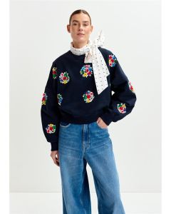 Sweatshirt en coton bleu marine à broderies multicolores