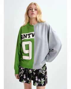 Sweatshirt 2 moitiés gris et vert à appliques